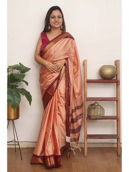 A S CREATION - Women Cotton Silk Peach Woven Handloom Saree with Unstitched Blouse