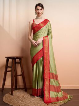A S CREATION - Women Cotton Silk Olive Woven Handloom Saree with Unstitched Blouse