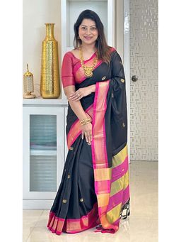 A S CREATION - Women Cotton Silk Black Woven Handloom Saree with Unstitched Blouse