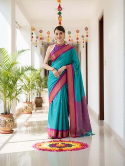 A S CREATION - Women Cotton Silk Blue Woven Handloom Saree with Unstitched Blouse