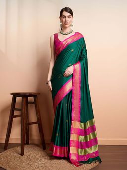 A S CREATION - Women Cotton Silk Green Woven Handloom Saree with Unstitched Blouse