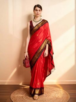 A S CREATION - Women Cotton Silk Red Woven Handloom Saree with Unstitched Blouse