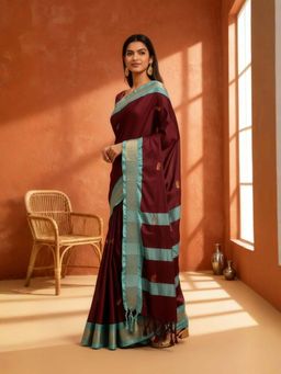 A S CREATION - Women Cotton Silk Maroon Woven Handloom Saree with Unstitched Blouse