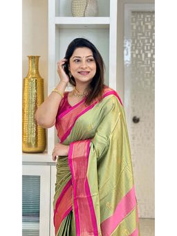A S CREATION - Women Cotton Silk Sage Green Woven Handloom Saree with Unstitched Blouse
