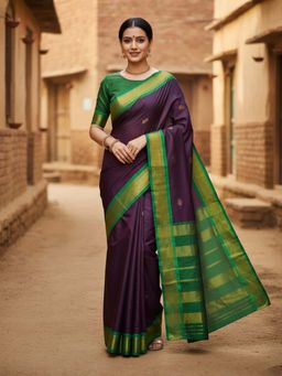 A S CREATION - Women Cotton Silk Wine Woven Handloom Saree with Unstitched Blouse