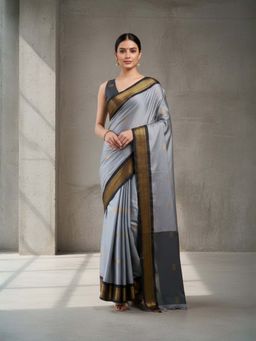 A S CREATION - Women Cotton Silk Grey Woven Handloom Saree with Unstitched Blouse