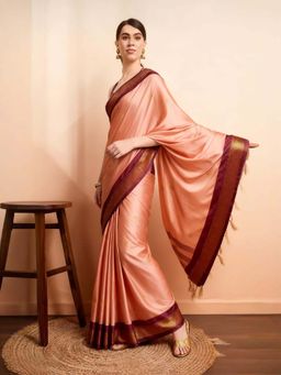 A S CREATION - Women Cotton Silk Peach Woven Handloom Saree with Unstitched Blouse