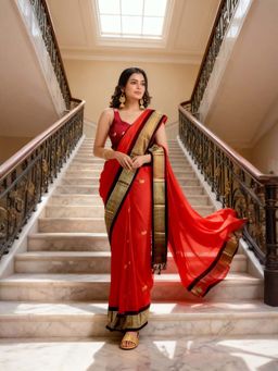 A S CREATION - Women Cotton Silk Red Woven Handloom Saree with Unstitched Blouse