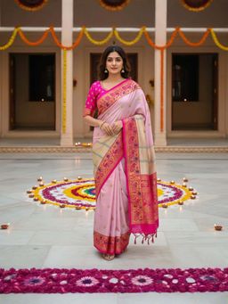 A S CREATION - Women Cotton Silk Pink Woven Handloom Saree with Unstitched Blouse