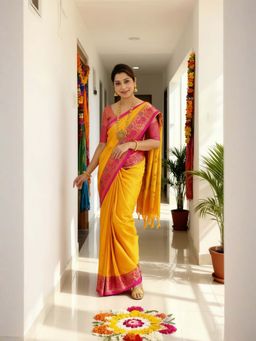 A S CREATION - Women Cotton Silk Yellow Woven Handloom Saree with Unstitched Blouse