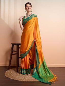 A S CREATION - Women Cotton Silk Orange Woven Handloom Saree with Unstitched Blouse