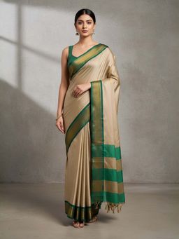 A S CREATION - Women Cotton Silk Beige Woven Handloom Saree with Unstitched Blouse