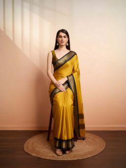 A S CREATION - Women Cotton Silk Mustard Woven Handloom Saree with Unstitched Blouse