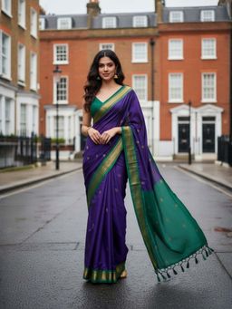 A S CREATION - Women Cotton Silk Purple Woven Handloom Saree with Unstitched Blouse