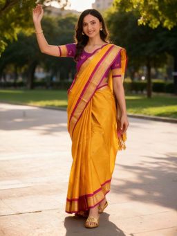 A S CREATION - Women Cotton Silk Yellow Woven Handloom Saree with Unstitched Blouse