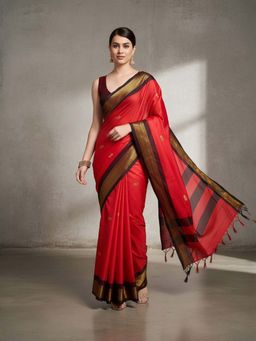 A S CREATION - Women Cotton Silk Red Woven Handloom Saree with Unstitched Blouse