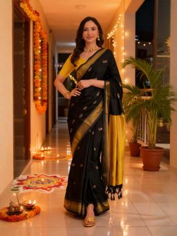 A S CREATION - Women Cotton Silk Black Woven Handloom Saree with Unstitched Blouse