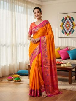 A S CREATION - Women Cotton Silk Orange Woven Handloom Saree with Unstitched Blouse
