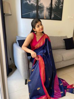 A S CREATION - Women Cotton Silk Navy Blue Woven Handloom Saree with Unstitched Blouse
