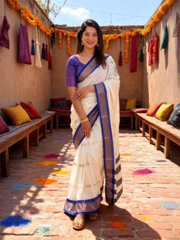 A S CREATION - Women Cotton Silk White Woven Handloom Saree with Unstitched Blouse