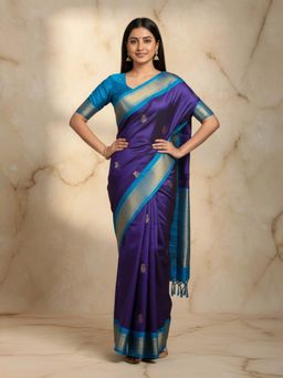 A S CREATION - Women Cotton Silk Navy Blue Woven Handloom Saree with Unstitched Blouse
