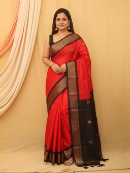 A S CREATION - Women Cotton Silk Red Woven Handloom Saree with Unstitched Blouse