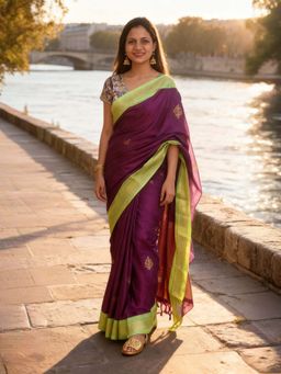 A S CREATION - Women Cotton Silk Wine Woven Handloom Saree with Unstitched Blouse