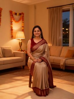A S CREATION - Women Cotton Silk Beige Woven Handloom Saree with Unstitched Blouse