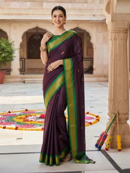 A S CREATION - Women Cotton Silk Burgundy Woven Handloom Saree with Unstitched Blouse