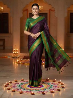 A S CREATION - Women Cotton Silk Burgundy Woven Handloom Saree with Unstitched Blouse