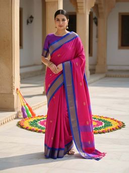 A S CREATION - Women Cotton Silk Pink Woven Handloom Saree with Unstitched Blouse