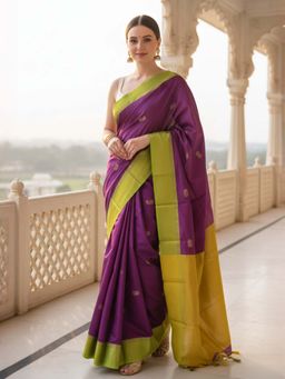A S CREATION - Women Cotton Silk Wine Woven Handloom Saree with Unstitched Blouse