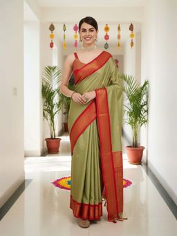 A S CREATION - Women Cotton Silk Olive Woven Handloom Saree with Unstitched Blouse