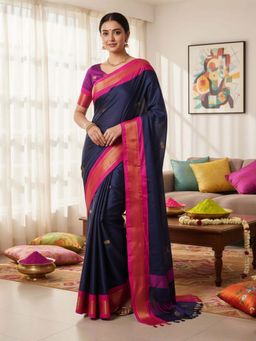 A S CREATION - Women Cotton Silk Navy Blue Woven Handloom Saree with Unstitched Blouse