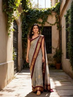 A S CREATION - Women Cotton Silk Grey Woven Handloom Saree with Unstitched Blouse