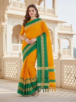 A S CREATION - Women Cotton Silk Yellow Woven Handloom Saree with Unstitched Blouse