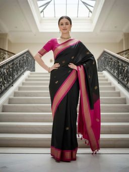 A S CREATION - Women Cotton Silk Black Woven Handloom Saree with Unstitched Blouse