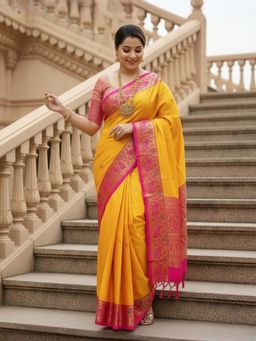 A S CREATION - Women Cotton Silk Yellow Woven Handloom Saree with Unstitched Blouse