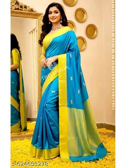 A S CREATION - Women Cotton Silk Blue Woven Handloom Saree with Unstitched Blouse