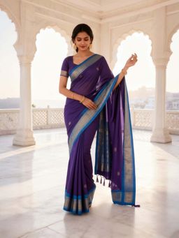 A S CREATION - Women Cotton Silk Purple Woven Handloom Saree with Unstitched Blouse
