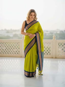 A S CREATION - Women Cotton Silk Olive Woven Handloom Saree with Unstitched Blouse