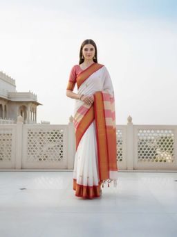 A S CREATION - Women Cotton Silk White Woven Handloom Saree with Unstitched Blouse