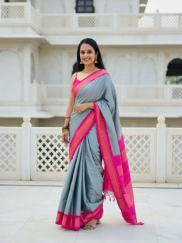 A S CREATION - Women Cotton Silk Grey Woven Handloom Saree with Unstitched Blouse