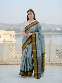 A S CREATION - Women Cotton Silk Grey Woven Handloom Saree with Unstitched Blouse