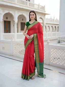 A S CREATION - Women Cotton Silk Red Woven Handloom Saree with Unstitched Blouse