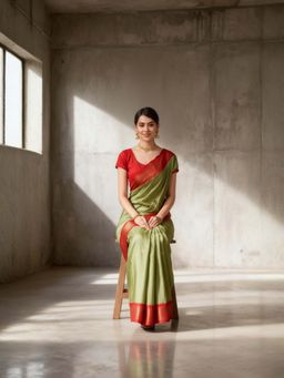 A S CREATION - Women Cotton Silk Olive Woven Handloom Saree with Unstitched Blouse