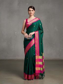A S CREATION - Women Cotton Silk Green Woven Handloom Saree with Unstitched Blouse