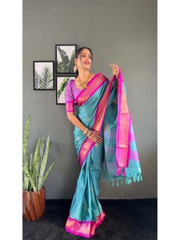 A S CREATION - Women Cotton Silk Blue Woven Handloom Saree with Unstitched Blouse
