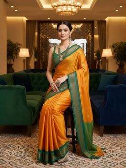 A S CREATION - Women Cotton Silk Orange Woven Handloom Saree with Unstitched Blouse