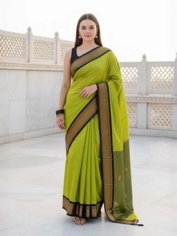 A S CREATION - Women Cotton Silk Olive Woven Handloom Saree with Unstitched Blouse